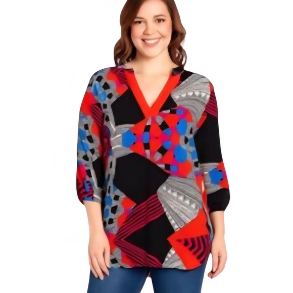 Gibson Latimer Red and Blue Geometric Blouse - Picture 1 of 7